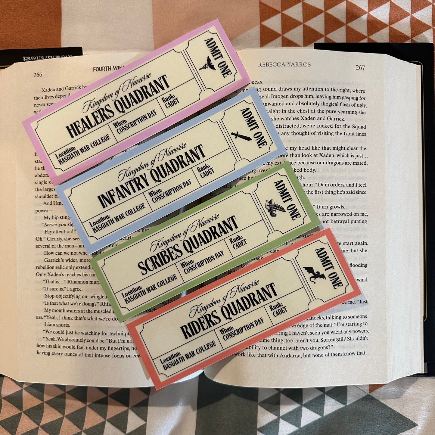 Fourth Wing Quadrants inspired bookmarks. Riders Scribes Healers Infantry.